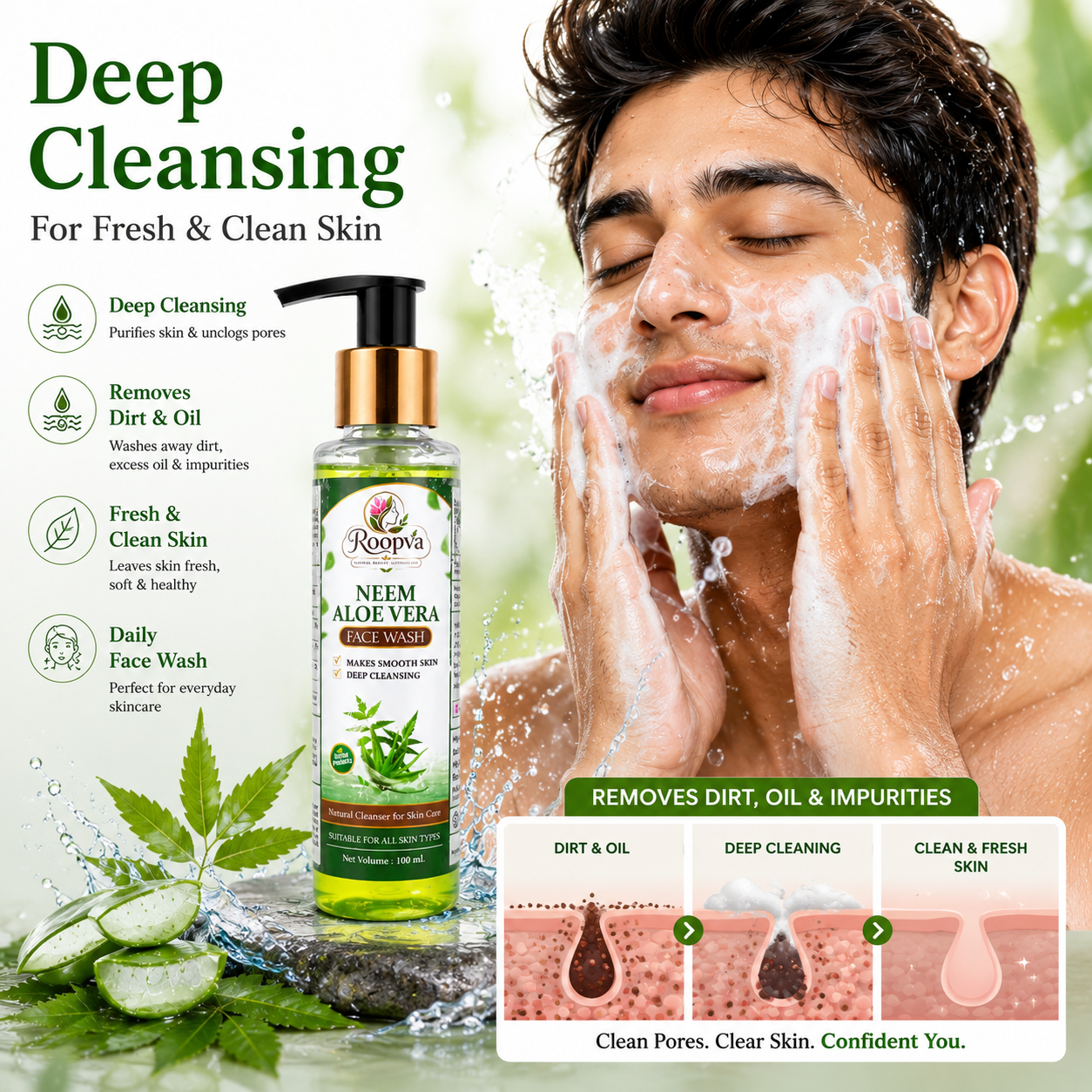 ROOPVA Neem Aloe Vera Face Wash – Deep Cleansing & Oil Control – 100ml