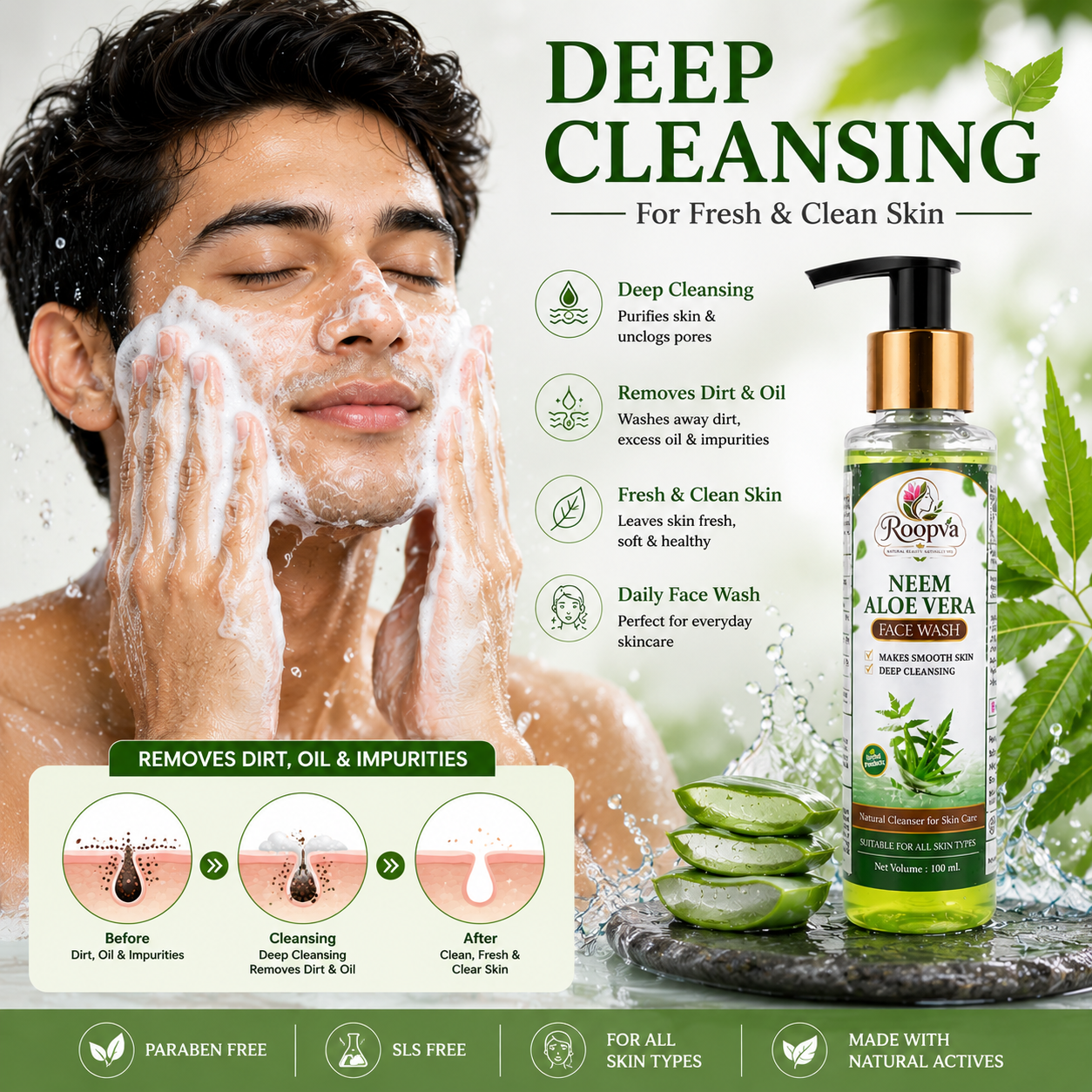 ROOPVA Neem Aloe Vera Face Wash – Deep Cleansing & Oil Control – 100ml